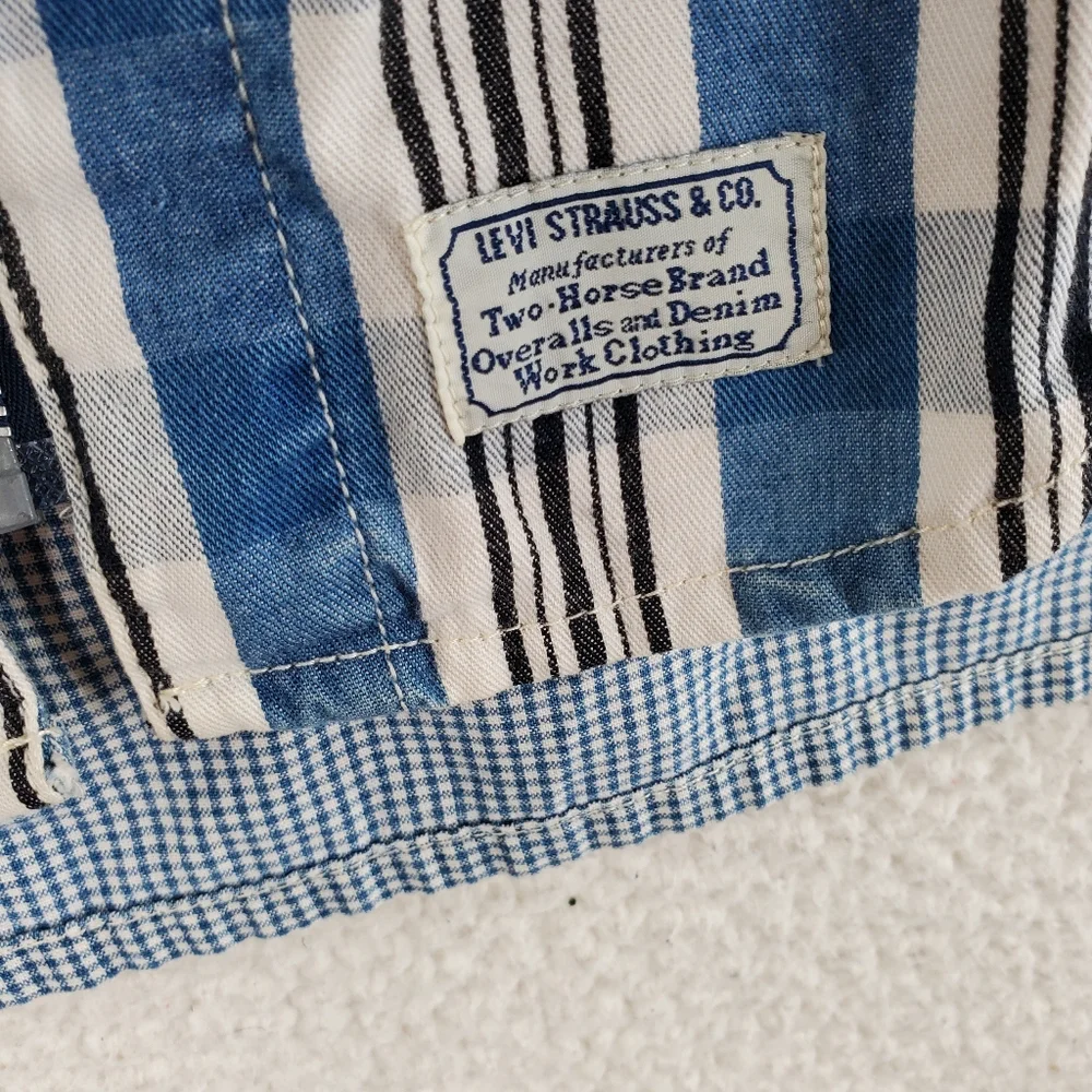 Vtg Levis Shirt Mens M Blue White Plaid Check 3/4 Sleeves Full Zip